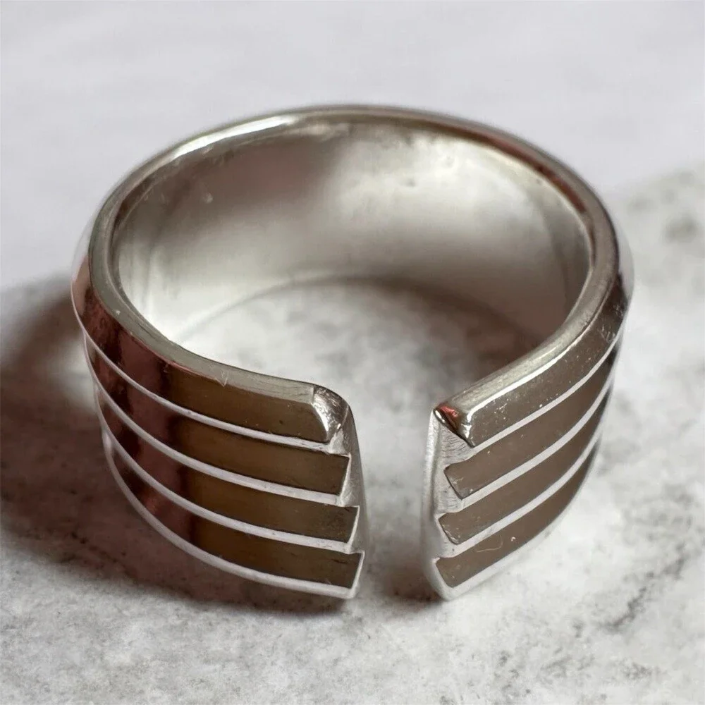 Men’s Sterling Silver Multi Band Open Cuff Ring Linear Pinstripe Cigar Band Ring